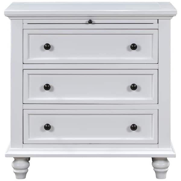 Unbranded Mid-Century 3-Drawer 28 in. White Rectanglar Top Pine End Table with Pull Out Tray