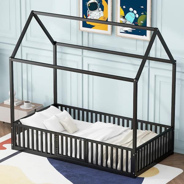 Harper & Bright Designs Black Metal Frame Twin Size House Platform Bed, Floor Bed with Full-Length Fence Guardrails and Door
