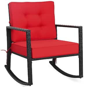 Wicker Outdoor Rocking Chair Patio Lawn Rattan Single Chair Glider with Red Cushion