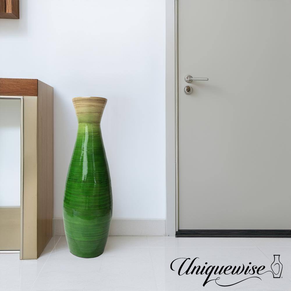 Glossy Green Bamboo Floor Vase with Natural Tone Accent