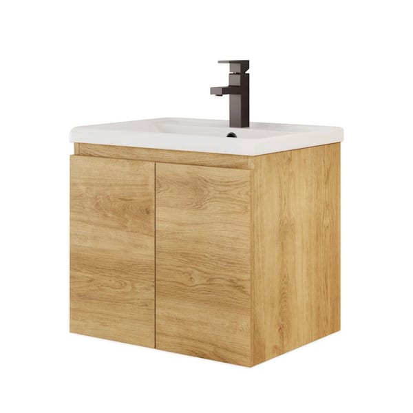 Niza 20 in. W x 16 in. D x 20.5 in. H Single Sink Wallmount Bath Vanity in Natural Oak with White Ceramic Top