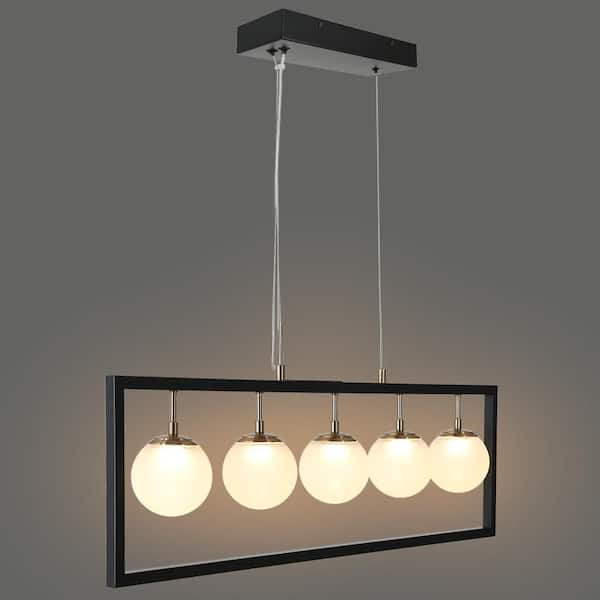 Industrial 28W 5-Light Integrated LED Brass&Black Linear Chandelier, Rectangle Hanging Pendant with Globe Frosted Glass