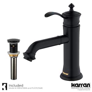 Vineyard Single Handle Single Hole Basin Bathroom Faucet with Matching Pop-Up Drain in Matte Black