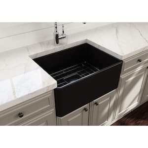 Classico Farmhouse Apron Front Fireclay 24 in. Single Bowl Kitchen Sink with Bottom Grid and Strainer in Matte Black