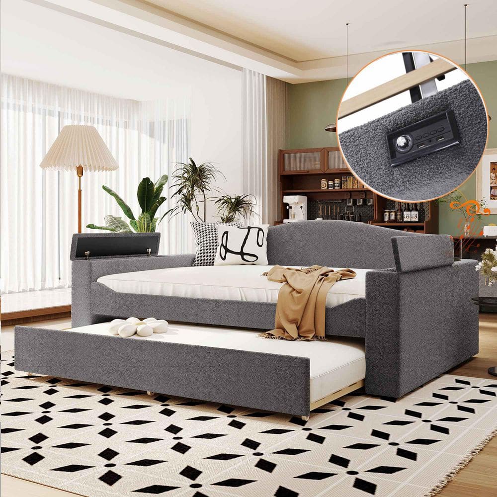 Gray Full Size Daybed with Storage Armrests, Trundle and Bluetooth Audio System, Teddy Fleece