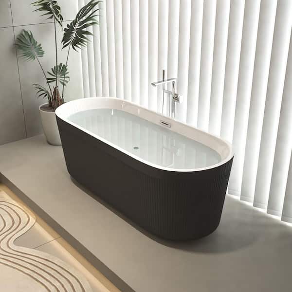 LORDEAR 59 in. x 30 in. Freestanding Soaking Tub Acrylic Flatbottom Bathtub with Center Drain in Matte Black
