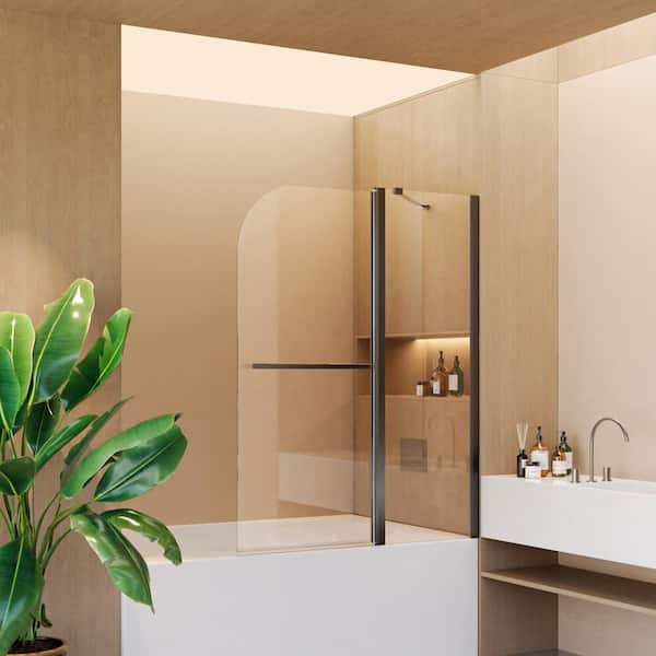 Coporesell 43 in. W x 58 in. H Pivot Frameless Tub Door in Matte Black finish with Clear Glass