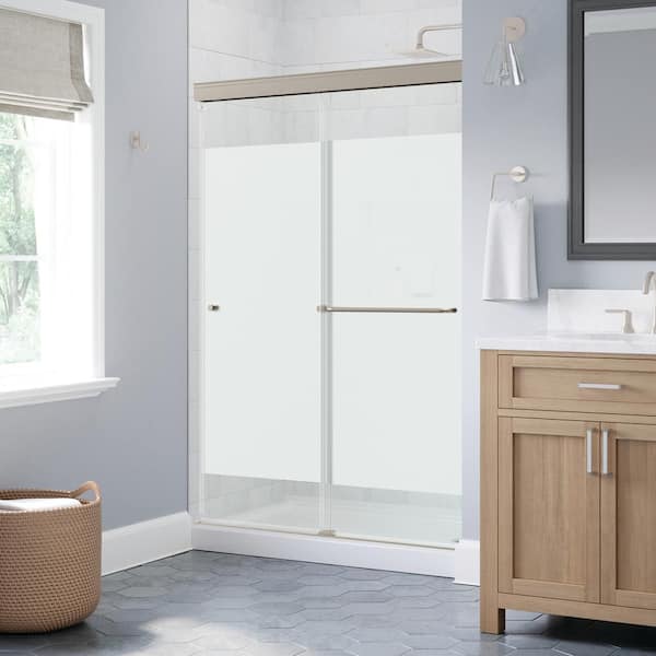 Portwood 48 in. W x 70-1/4 in. H Semi-Frameless Sliding Shower Door, Brushed Nickel, 6mm Privacy Glass