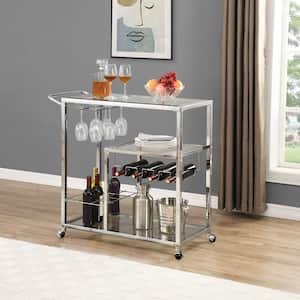 34.65 in. H Silver Contemporary Chrome Bar Serving Cart Tempered Glass Metal Frame Wine Storage with Handle and Casters