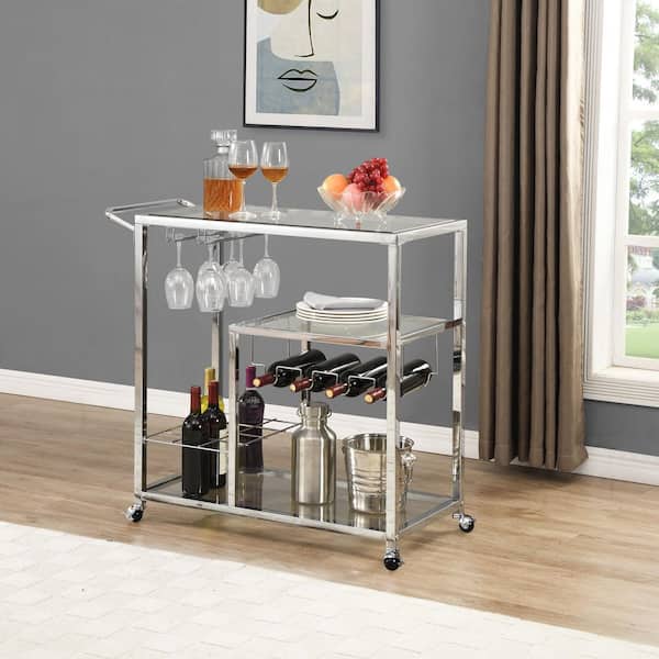 URTR 34.65 in. H Silver Contemporary Chrome Bar Serving Cart Tempered Glass Metal Frame Wine Storage with Handle and Casters