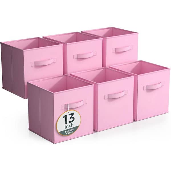 Large Storage Cubes with Handles, Pink 13 in. x 13 in. Fabric Decorative Basket Set of 6, Clothes and Closet Organizer
