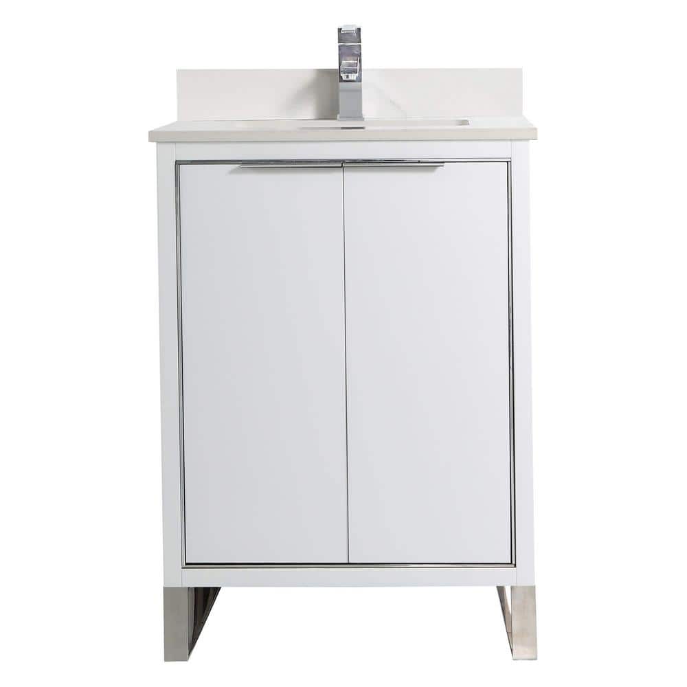 24" White Matte Plywood Bathroom Vanity with Chrome Hardware