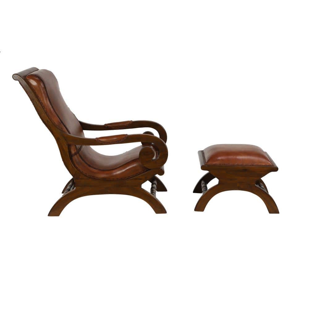 Handcrafted Brown Leather and Teak Wood Accent Chair with Ottoman