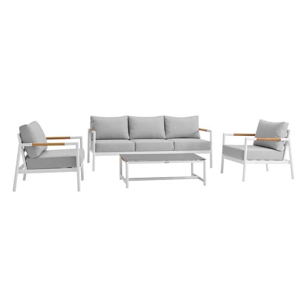 Armen Living Royal White 4-Piece Aluminum Patio Conversation Set with Cushions