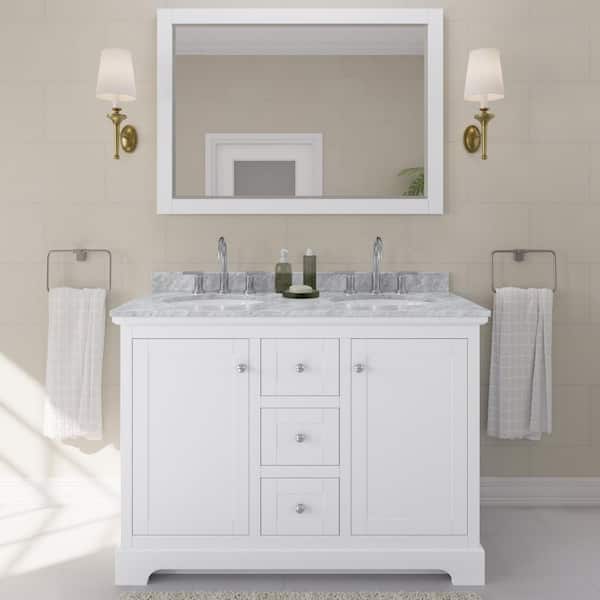 Avery 48 in. W x 22 in. D Double Vanity in White with Marble Vanity Top in White Carrara with Oval Basins