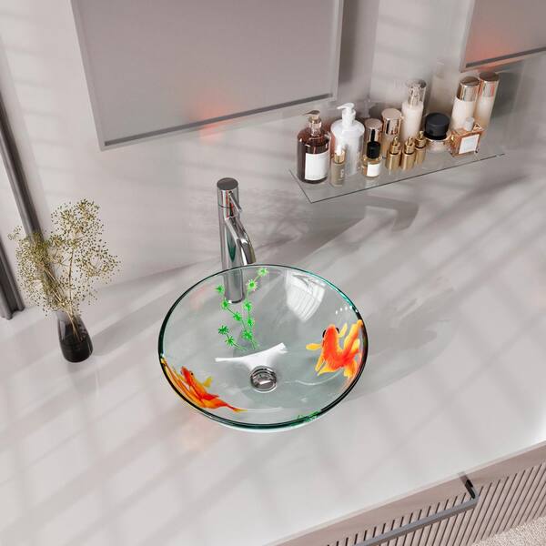 Modern 16" Round Vessel Sink - Semi-Transparent Orange Tempered Glass, Above Counter Bathroom Sink - View #5