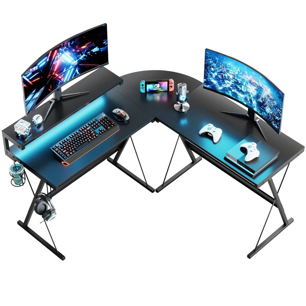 Bestier 42 Gaming Desk PC Computer Office Gamer Table Desk with LED Lights  & Monitor Stand & Headphone Hook in Carbon Fiber Red