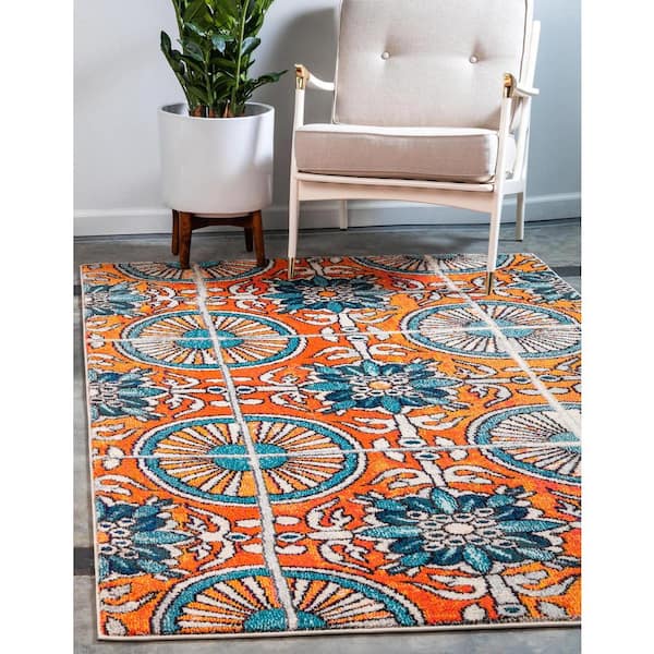 Estrella Salma Orange/Blue 9 ft. x 12 ft. Floral Area Rug
