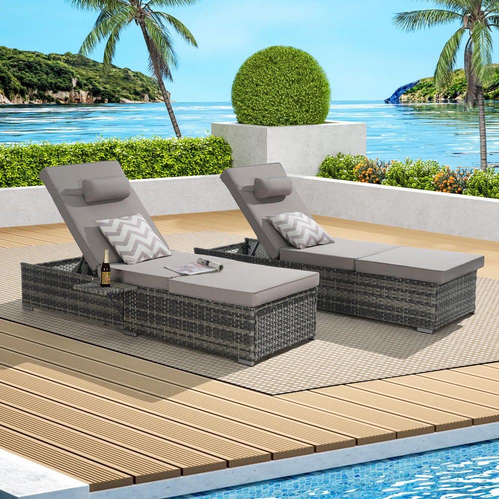 Hot Sell 2-Pack Grey PE Rattan Metal Outdoor Patio Chaise Lounge Chairs wit