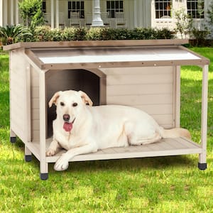 Outdoor Wood Dog House with Open Roof Large Terrace with Clear Roof Weatherproof Asphalt Roof and Treated Wood in Beige