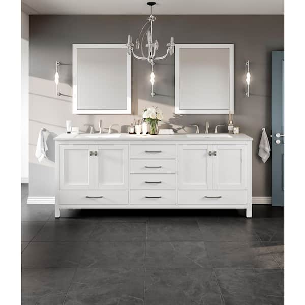 Frontier 84 in. Double Sink White Bath Vanity with White Carrara Quartz Top (Assembled)