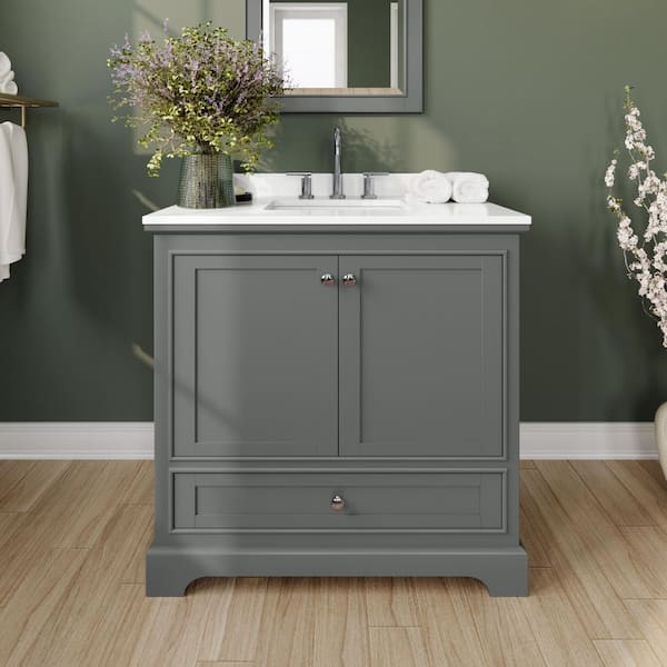 Wyndham Collection Deborah 36 in. W x 22 in. D x 35 in. H Single Bath Vanity in Dark Gray with White Quartz Top