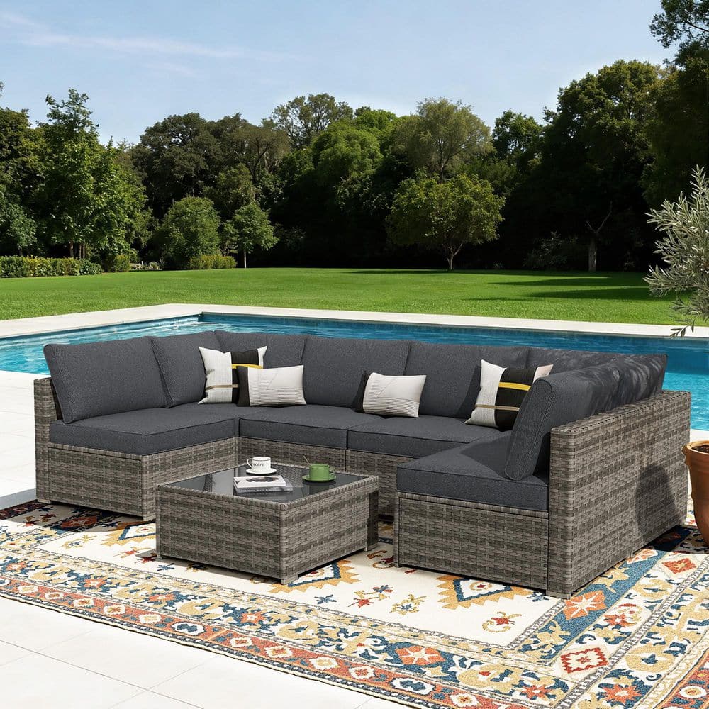 XIZZI Arctic 7-Piece Wicker Outdoor Sectional Set with Black