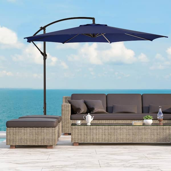 Bayshore Outdoor 10 ft. Hanging Offset Cantilever Patio Umbrella with Easy Crank Lift and Cross Base in Navy Blue