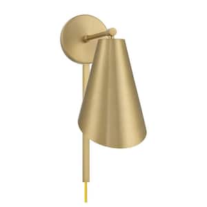 Meridian 6 in. W x 12.5 in. H 1-Light Natural Brass Wall Sconce with Metal Shade and Included Cord/Plug