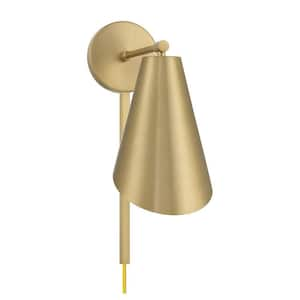 6 in. W x 12.5 in. H 1-Light Natural Brass Wall Sconce with Metal Shade and Included Cord/Plug