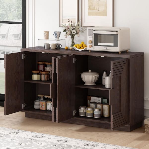 Espresso Brown Wood Pantry Organizer, Storage Buffet Cabinet with Storage, 4-Door and Adjustable Shelves