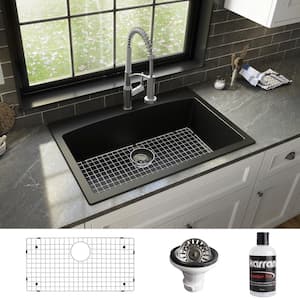 QT-712 Quartz/Granite 33 in. Single Bowl Top Mount Drop-In Kitchen Sink in Black with Bottom Grid and Strainer