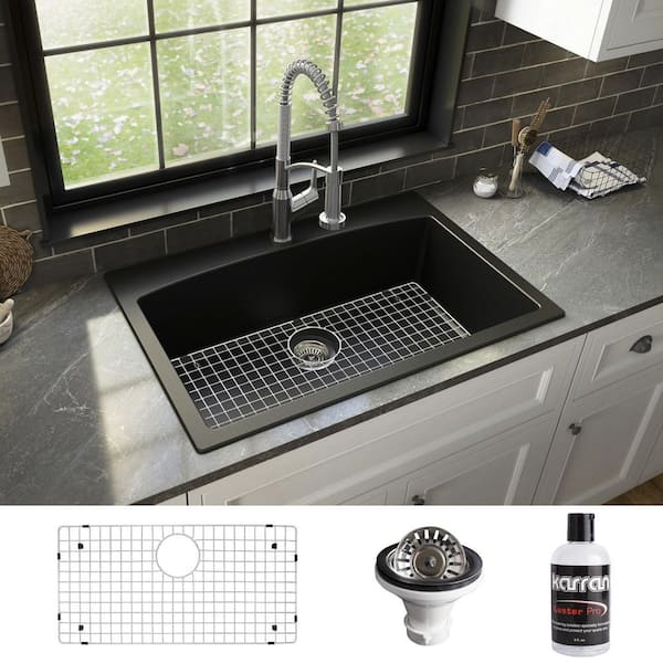 Karran QT-712 Quartz/Granite 33 in. Single Bowl Top Mount Drop-In Kitchen Sink in Black with Bottom Grid and Strainer