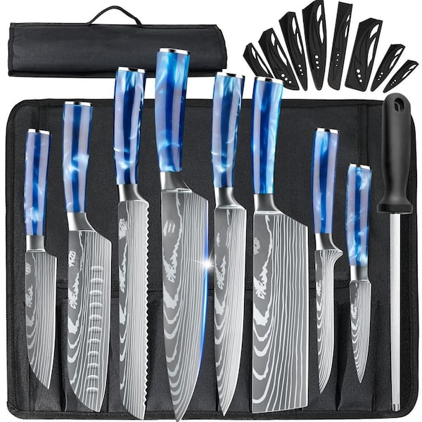 Wudkey 9-Piece High Carbon Stainless Steel Kitchen Chef Knife Set with Blue Pakkawood Handle and Roll Bag