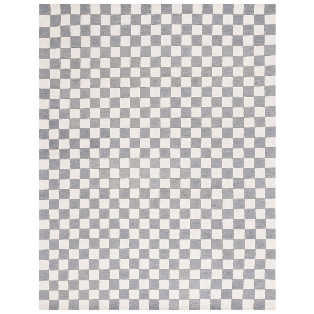 Gray and Ivory Checkered Handmade Wool Area Rug, 8' x 10'