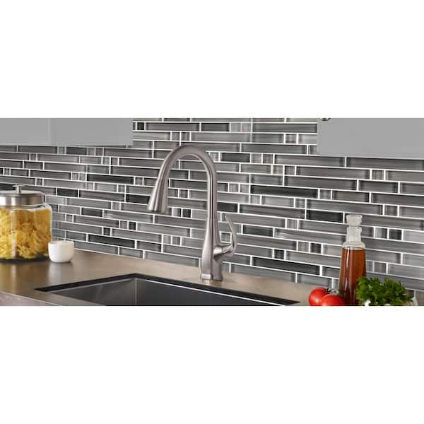 Handicraft II Calligraphy Gray Linear Mosaic 3 in. x 3 in. Glossy Glass Wall and Pool Tile Sample