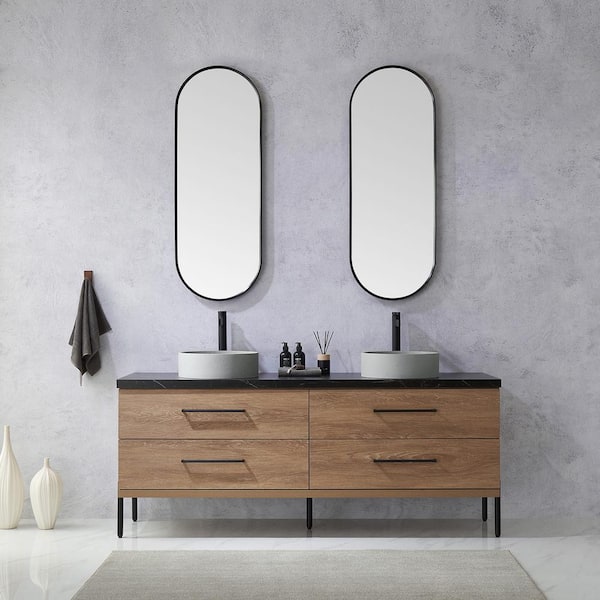 ROSWELL Trento 72 in. W x 21.7 in. D x 34.6 in. H Double Sink Bath Vanity in North Oak with Black Sintered Top