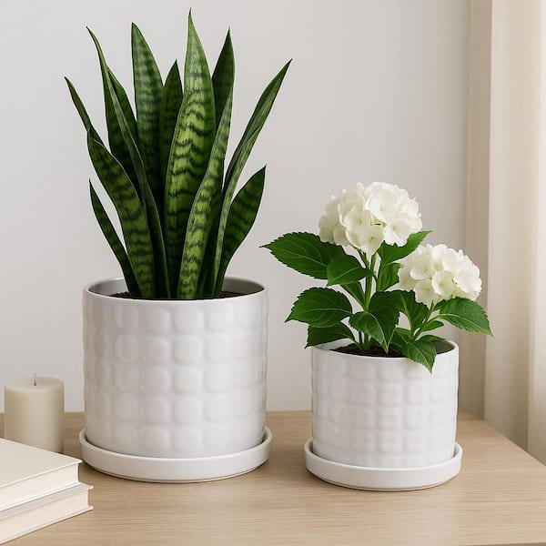 Liv & Skye 6 in. and 8 in. White Ceramic Round Bubble Decorative Planters  (Set of 2) 21828-01