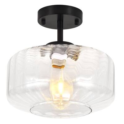 1 light 11.02 in. Matte Black Drum Water Ripple Clear Glass Semi-Flush Mount for Kitchen, Bulb(s) Required Included