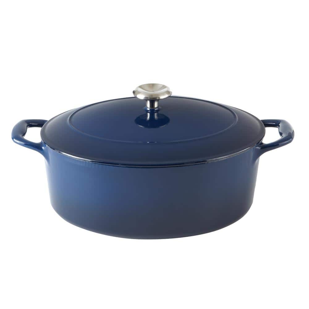 Cobalt Blue Enameled Cast Iron Oval Dutch Oven with Lid