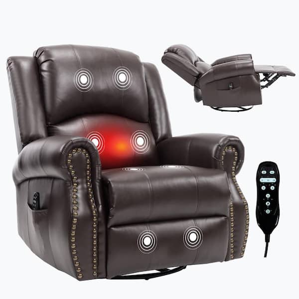 Brown Faux Leather Heat Massage Manual Recliner Chair with Rocker and Swivel in Fabric for Living Room