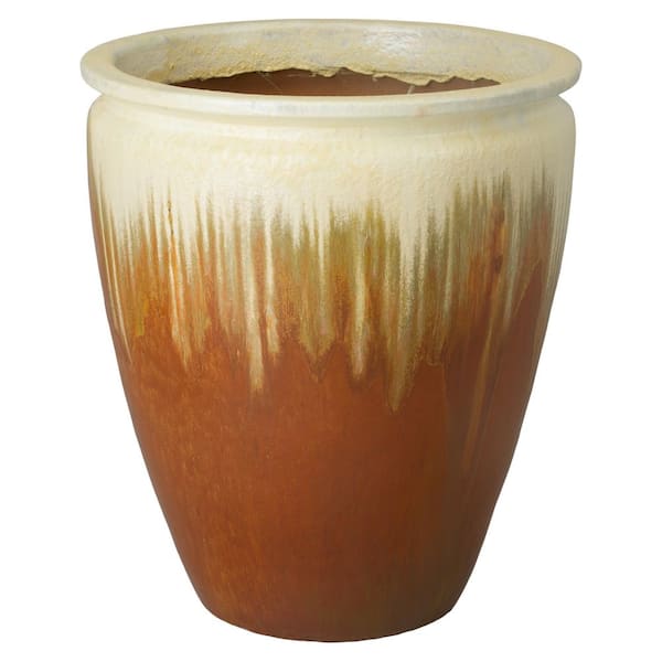 27 in. Amber Ceramic Round Planter (27 in. L x 27 in. W x 32 in. H) High-Fire Treatment with Drainage Hole