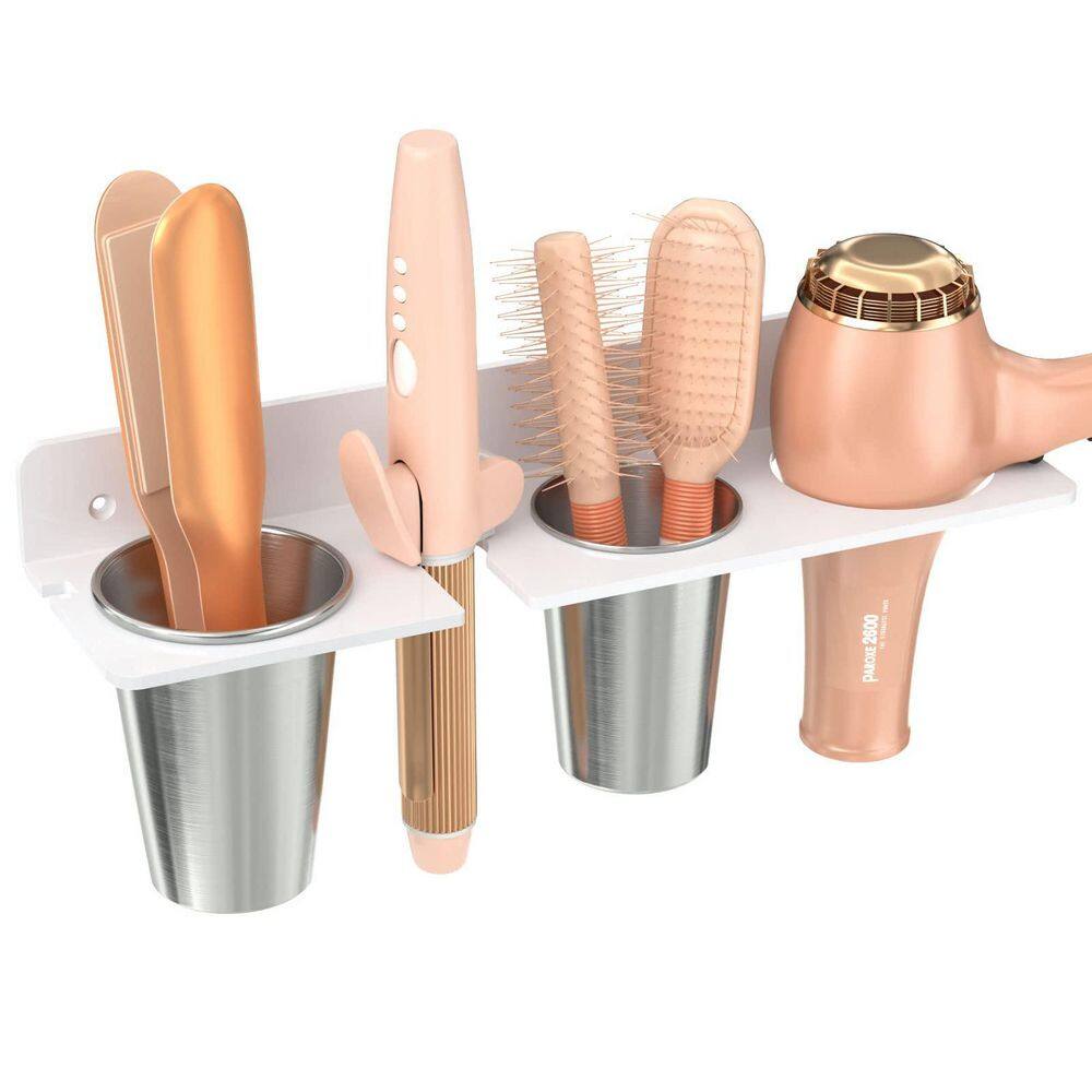 15 in. Rust-Resistant Acrylic Hair Tool Organizer Home Salon Series - White Wall-Mounted with 2 Flat Iron Cups