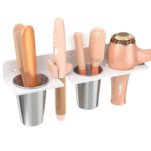 15 in. Rust-Resistant Acrylic Hair Tool Organizer Home Salon Series - White Wall-Mounted with 2 Flat Iron Cups