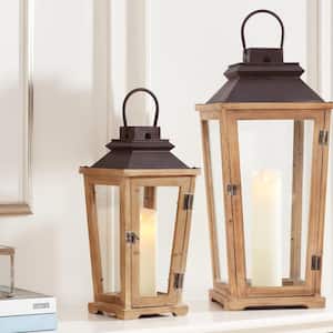Natural Wood Candle Hanging or Tabletop Lantern with Antiqued Bronze Metal Top (Set of 2)