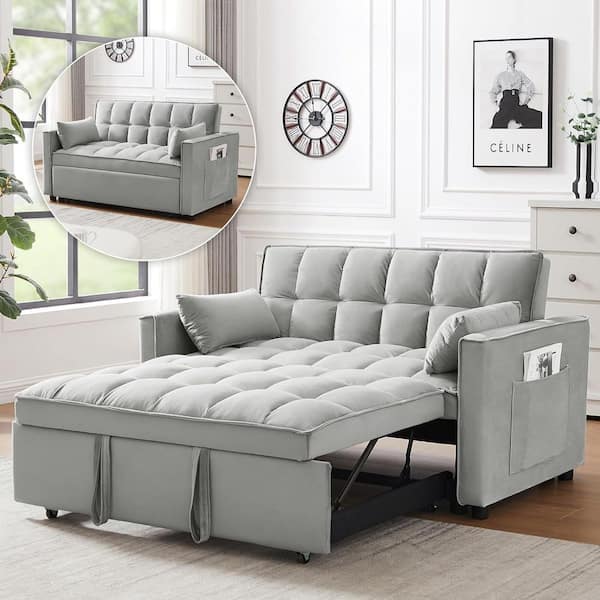 55 in. W 3-in-1 Convertible Velvet Sleeper Sofa Bed with 2 Pillows, Gray, 2-Seater Loveseat