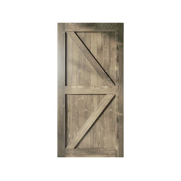 HOMACER 44 in. x 84 in. K-Frame Classic Gray Solid Natural Pine Wood Panel Interior Sliding Barn Door Slab with Frame
