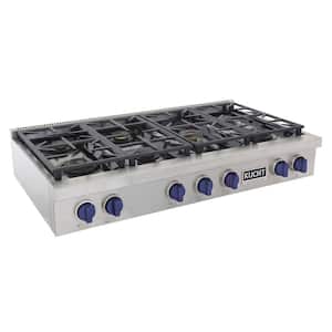 Professional 48 in. Natural Gas Range Top in Stainless Steel and Royal Blue Knobs with 7 Burners