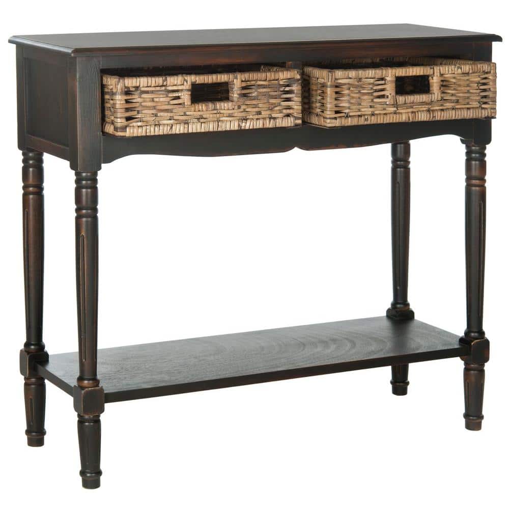 Transitional Brown Pine Console Table with Rattan Drawers
