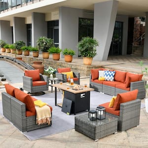 Hippish Gray 11-Piece Wicker Patio Fire Pit Table Conversation Set with Orange Red Cushions and Swivel Rocking Chairs